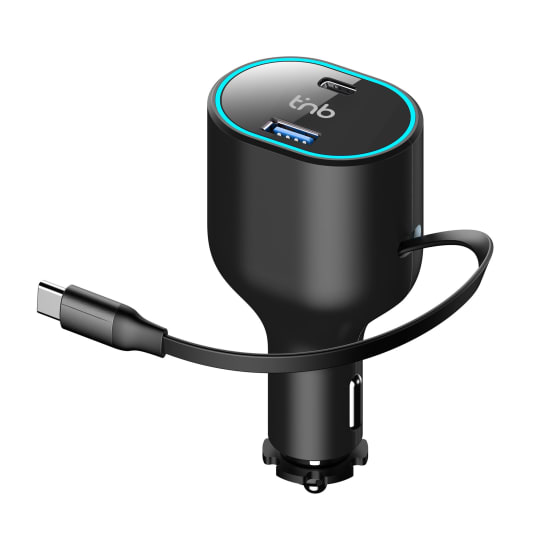 Car charger with 1XUSB and 1XUSB-C retractable cable and a USB-C cable, 50W