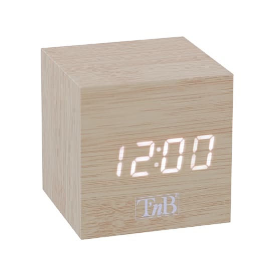 Reloj despertador LED con acabado en madera.