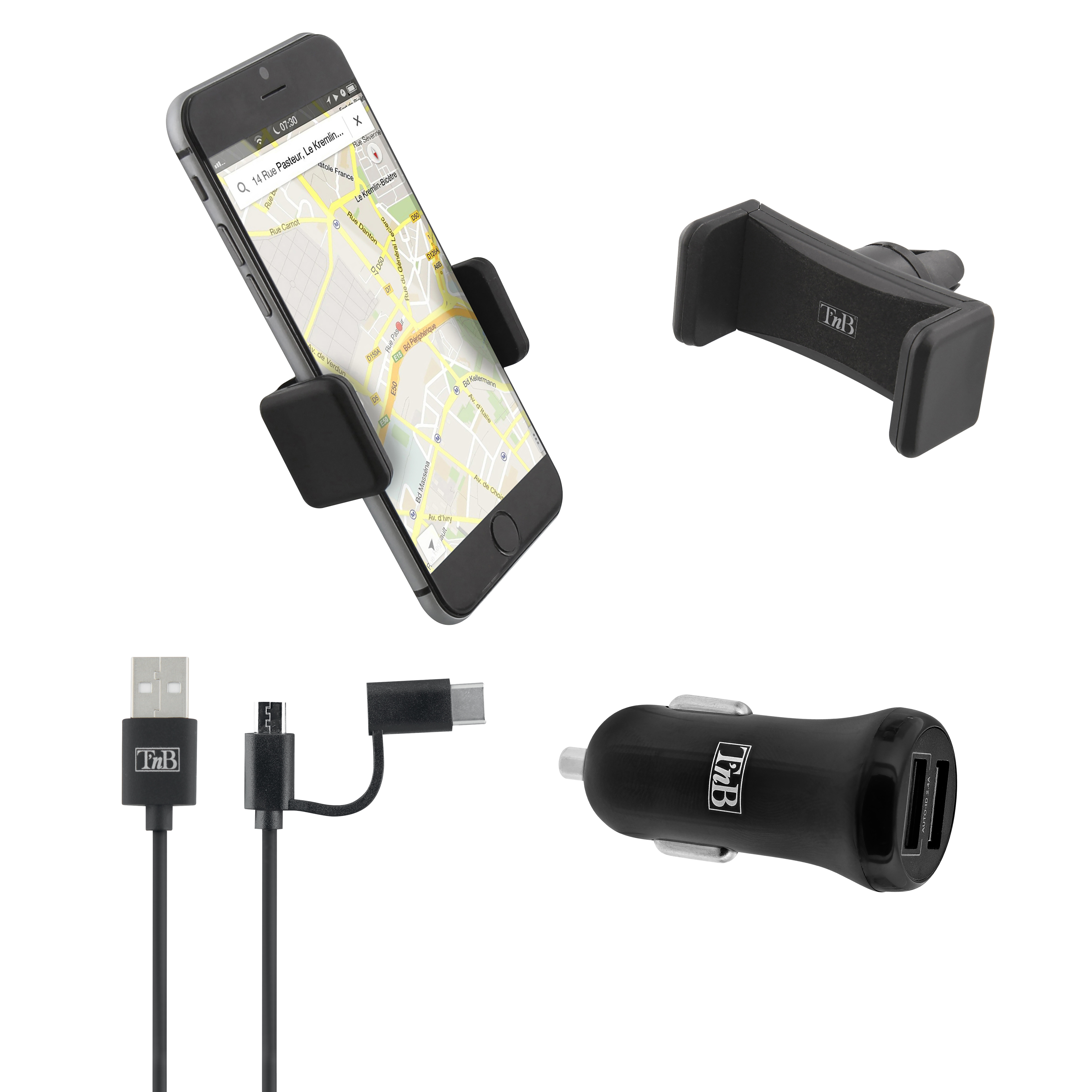 Pack para coche 3 en 1 2XUSB-A Cargador de mechero de 20W + soporte para salida de aire + cable USB-C y micro-USB8