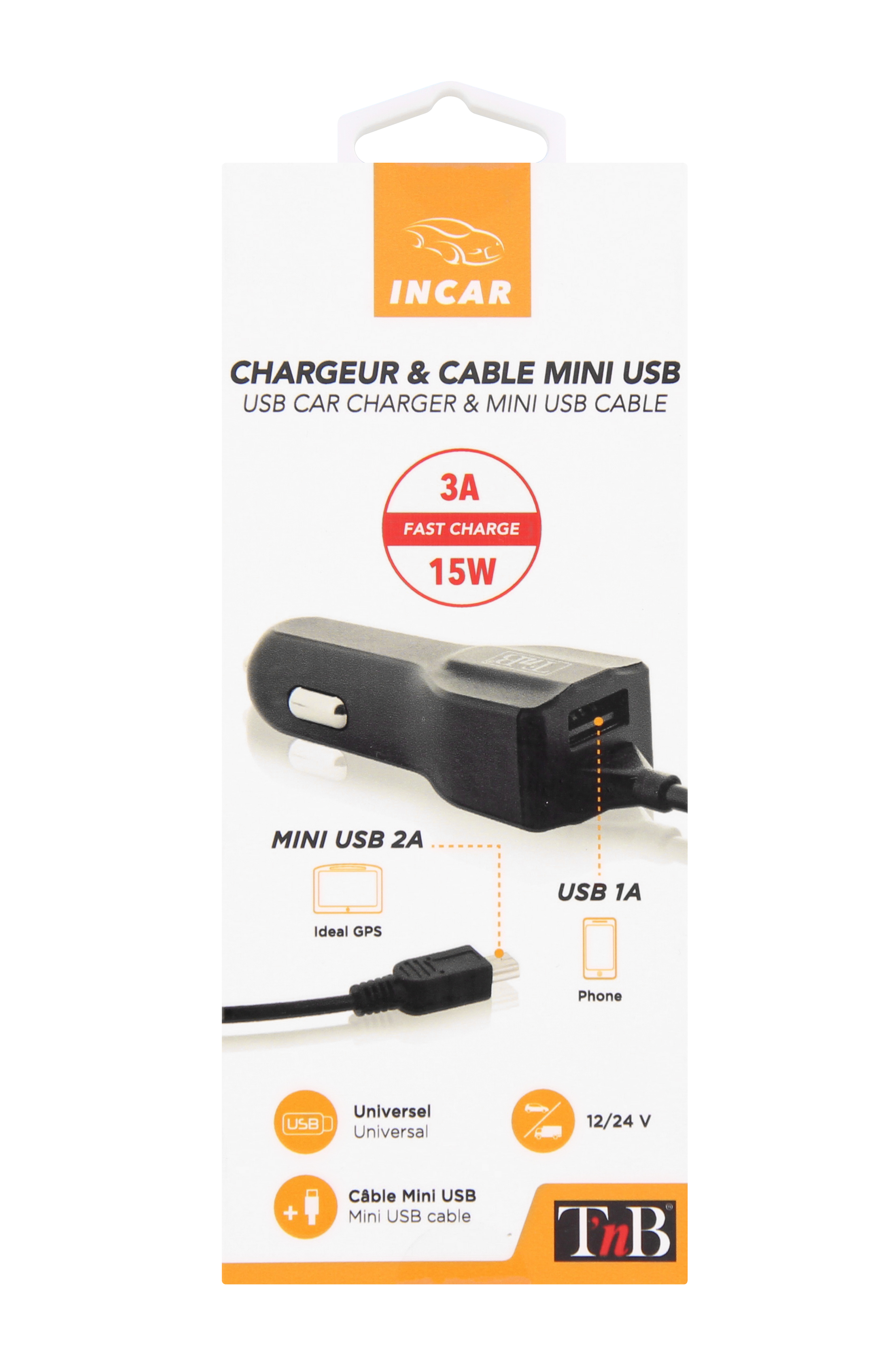 Chargeur allume-cigare 1XUSB-A 15W + câble mini USB3