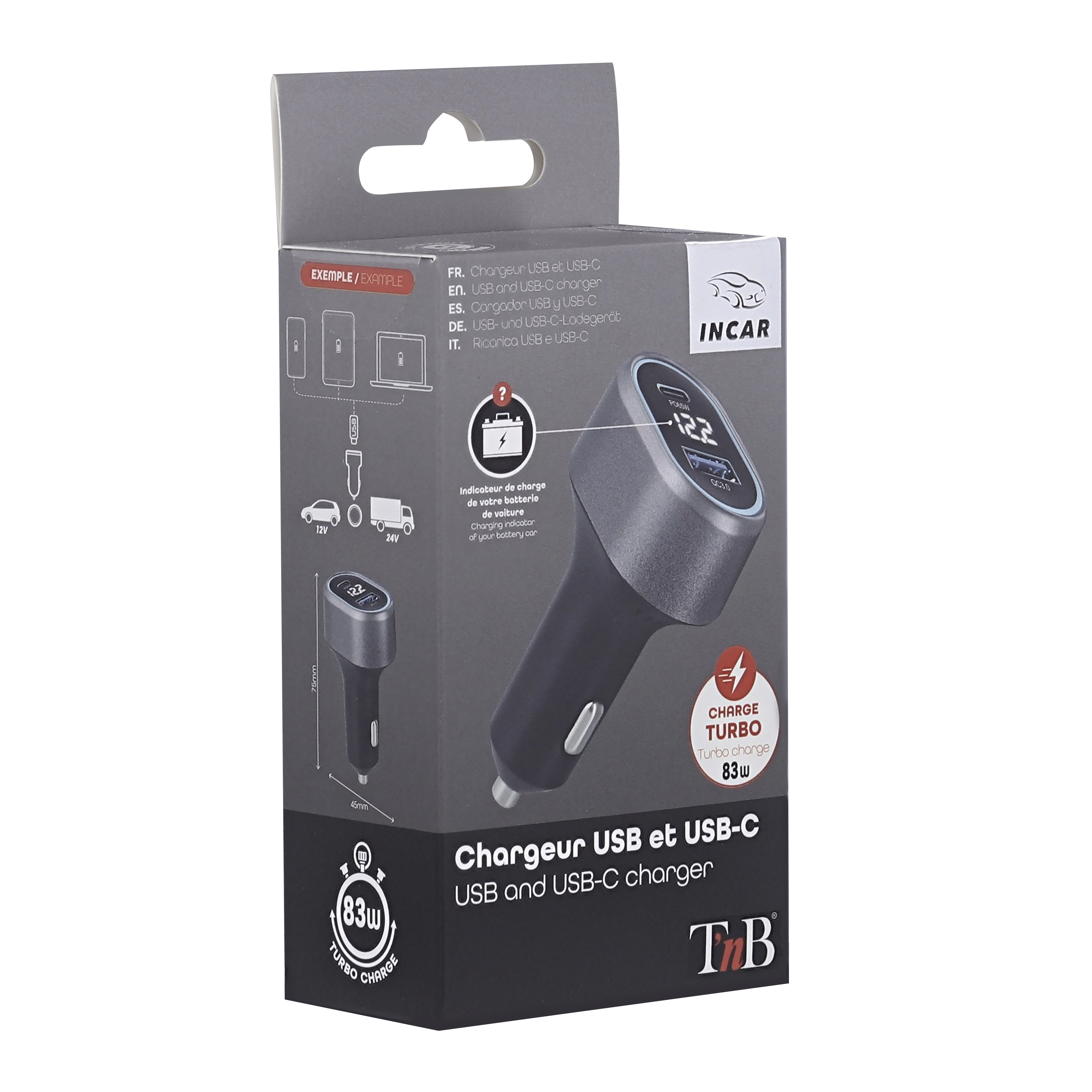 Chargeur allume-cigares 1XUSB et 1XUSB-C QC et PD 83W6