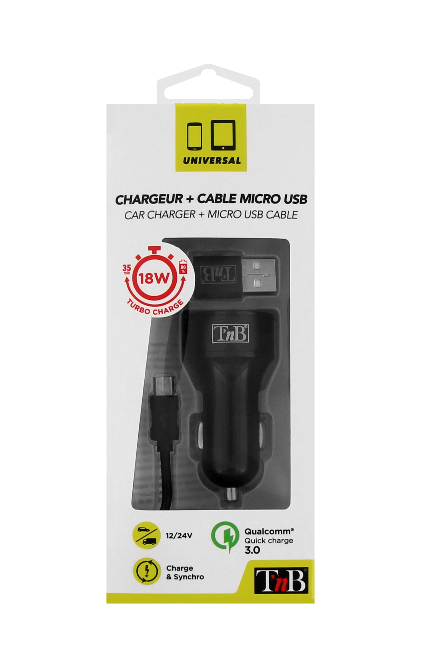 Chargeur allume-cigare quick charge 1XUSB-A 18W + câble micro USB4