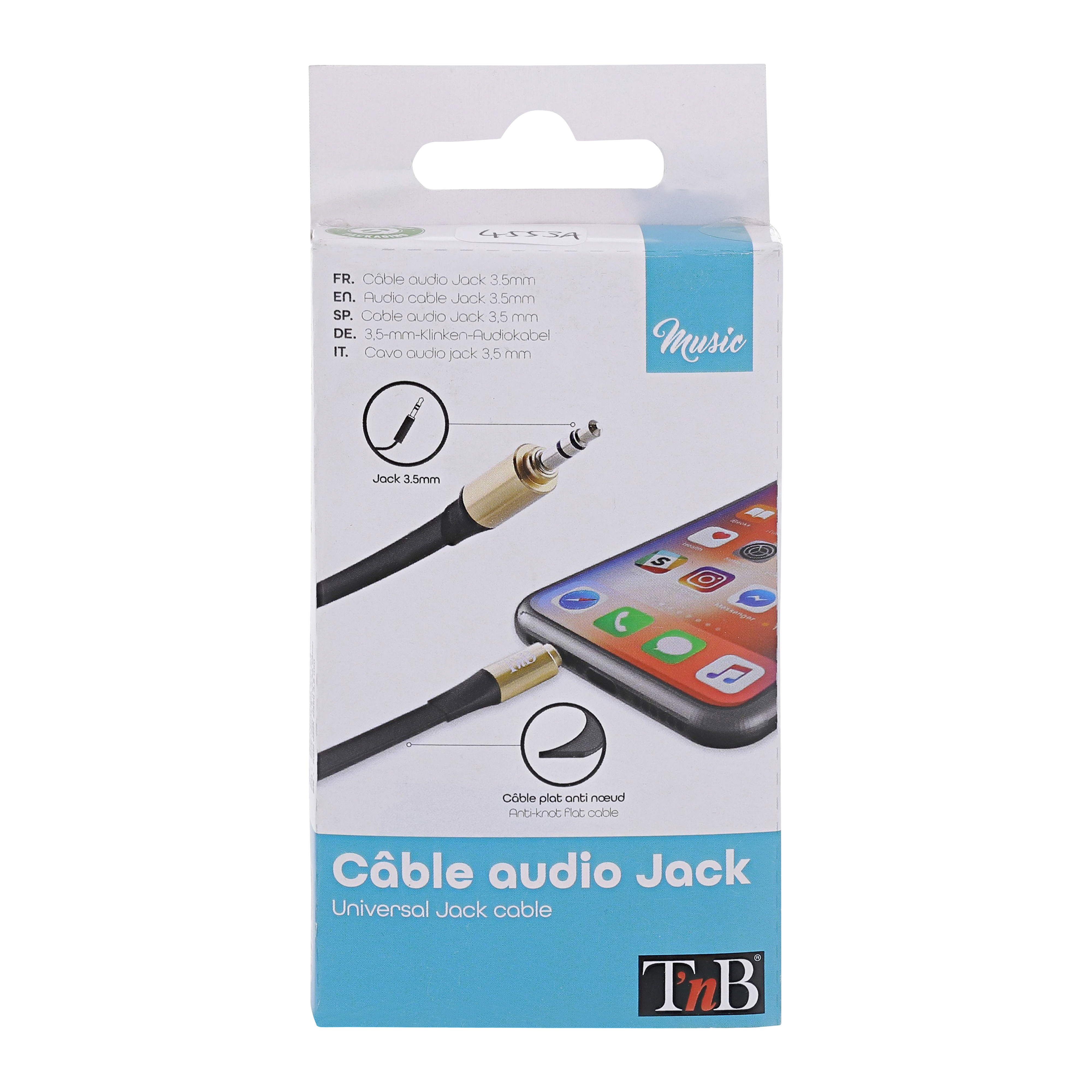 Câble plat jack 3,5mm mâle / jack 3,5mm mâle finition or 1,1m noir2