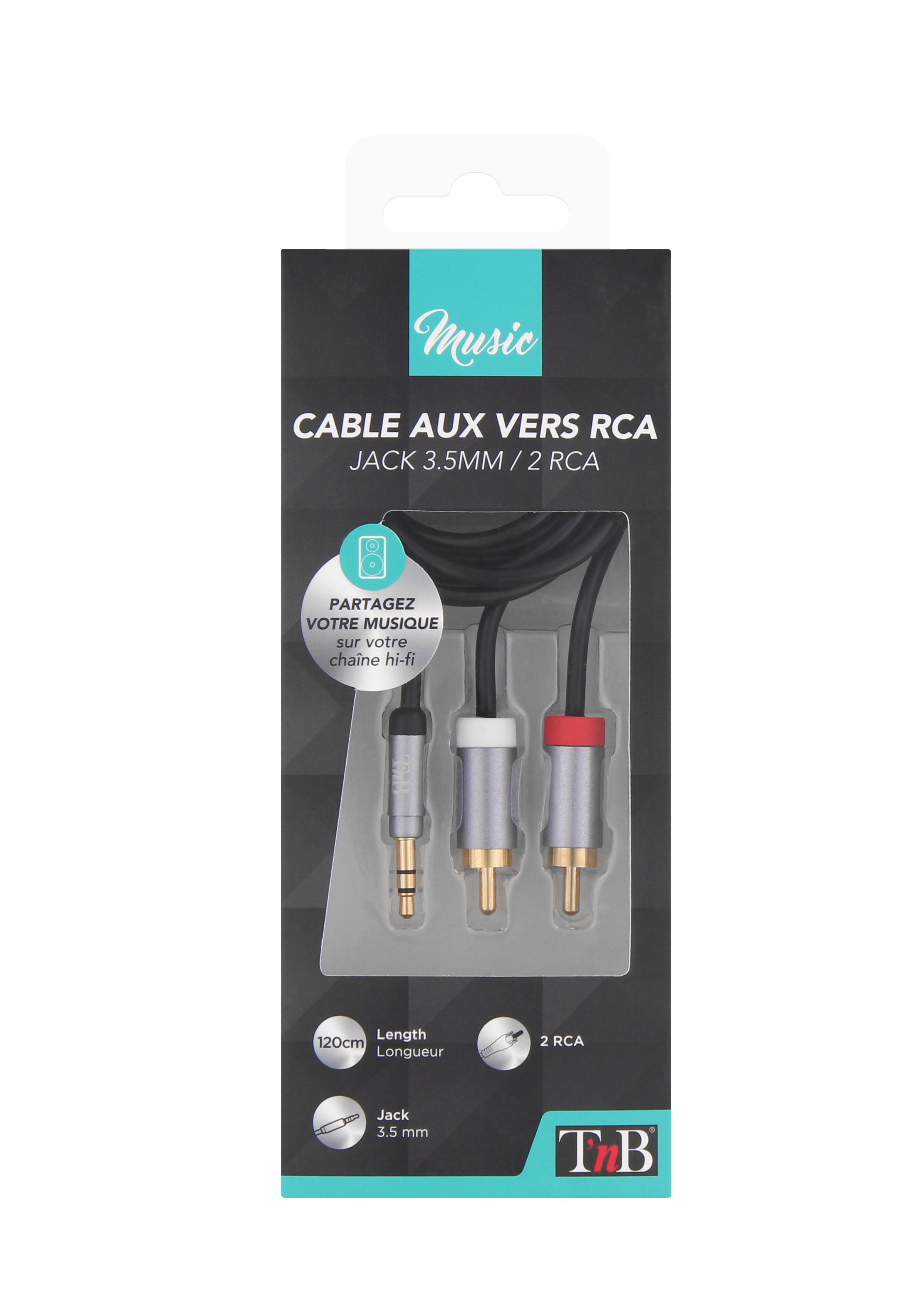 3.5mm male jack / 2 RCA male cable 1.2m2