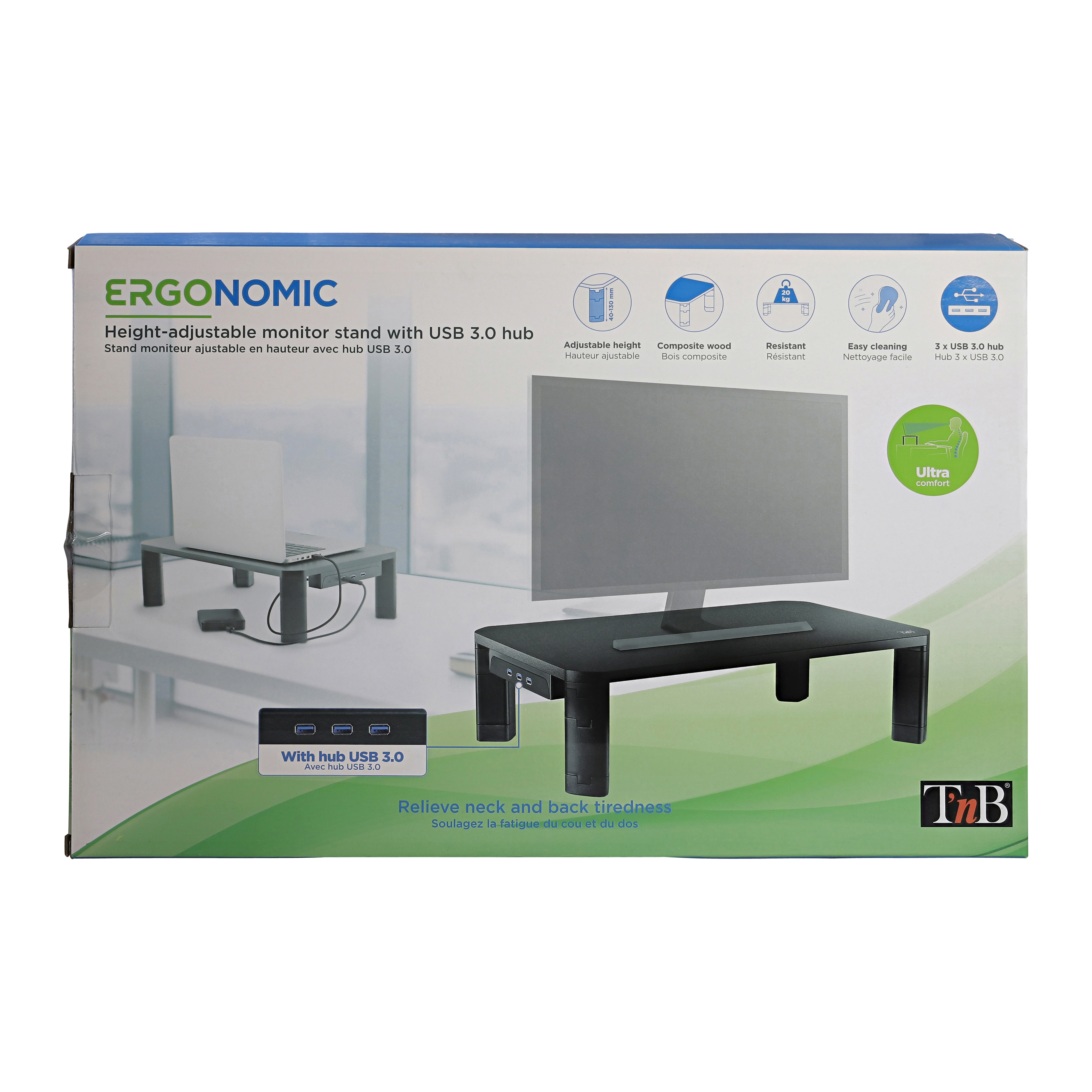 Soporte de pantalla de altura ajustable con concentrador USB 3.08