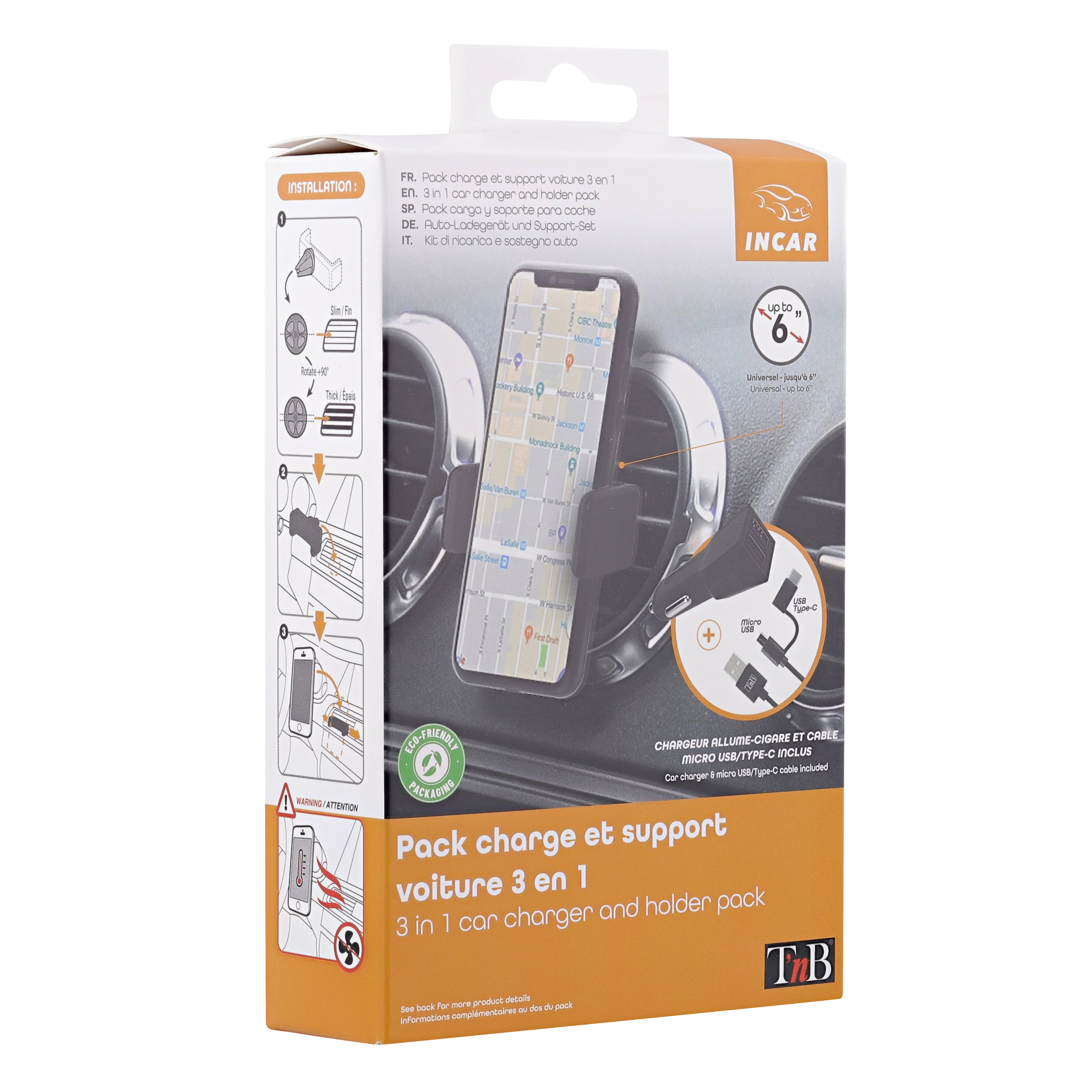 Pack voiture 3 en 1 chargeur allume-cigare 2XUSB-A 20W + support grille d'aération + câble USB-C & micro-USB10