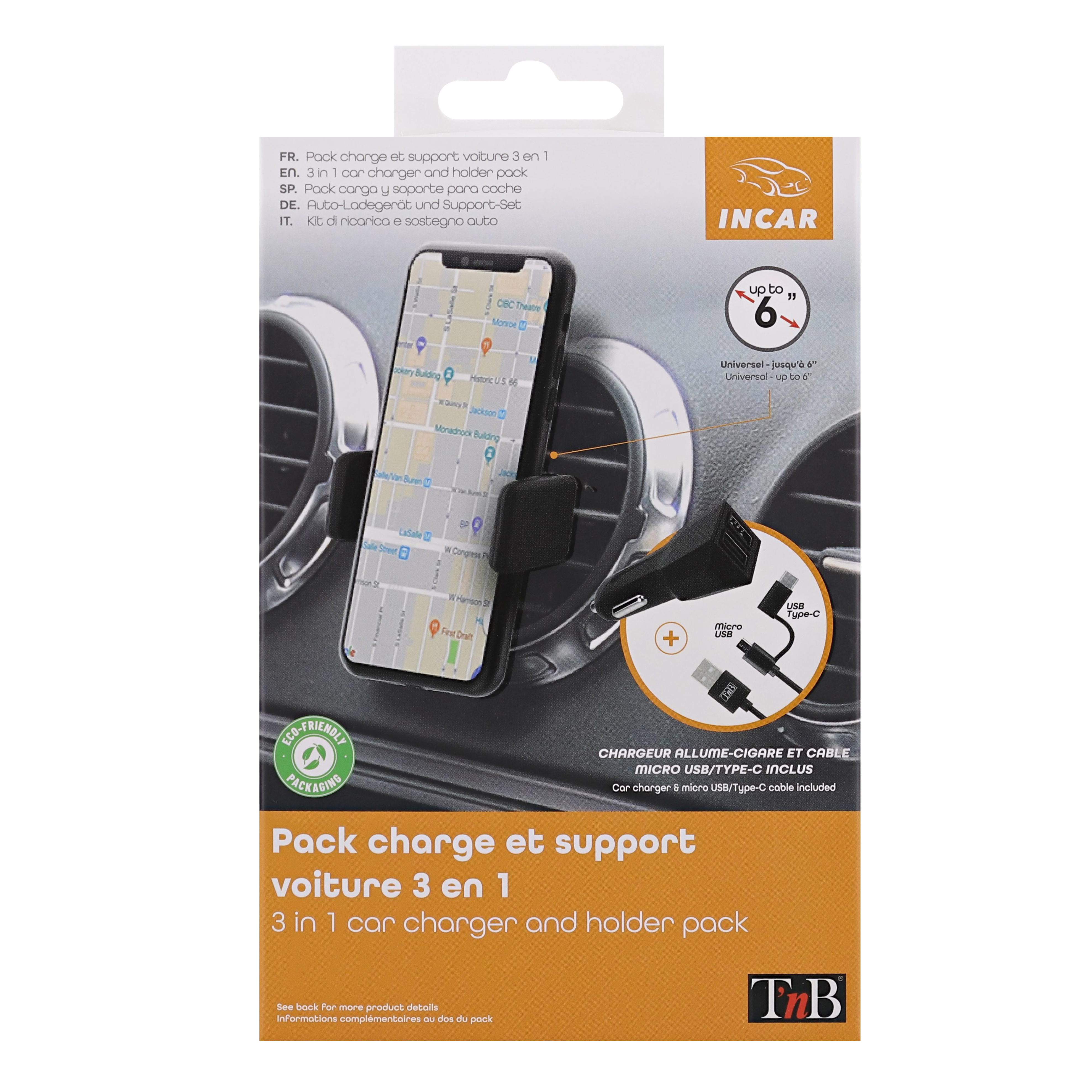 Pack voiture 3 en 1 chargeur allume-cigare 2XUSB-A 20W + support grille d'aération + câble USB-C & micro-USB11