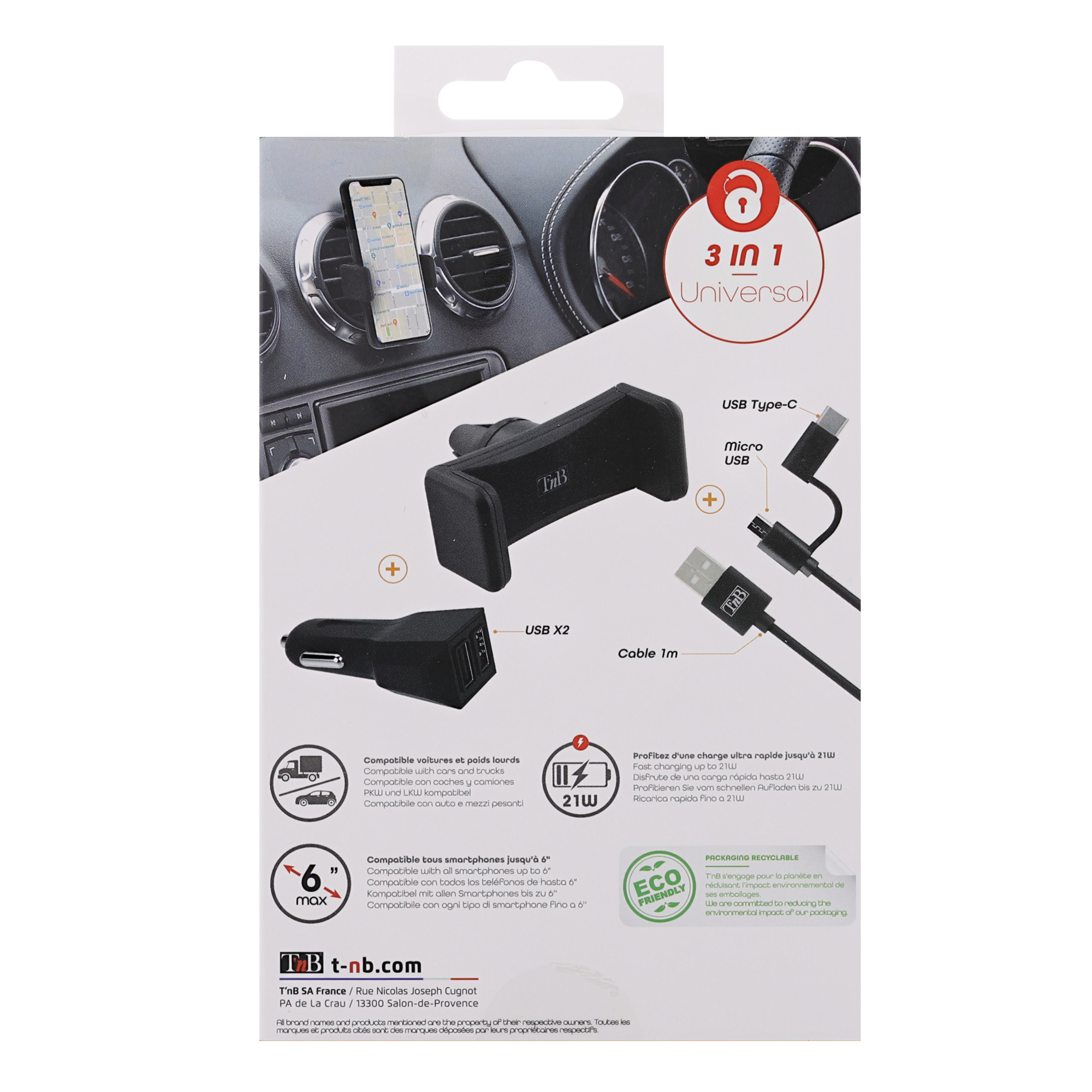 Pack voiture 3 en 1 chargeur allume-cigare 2XUSB-A 20W + support grille d'aération + câble USB-C & micro-USB12