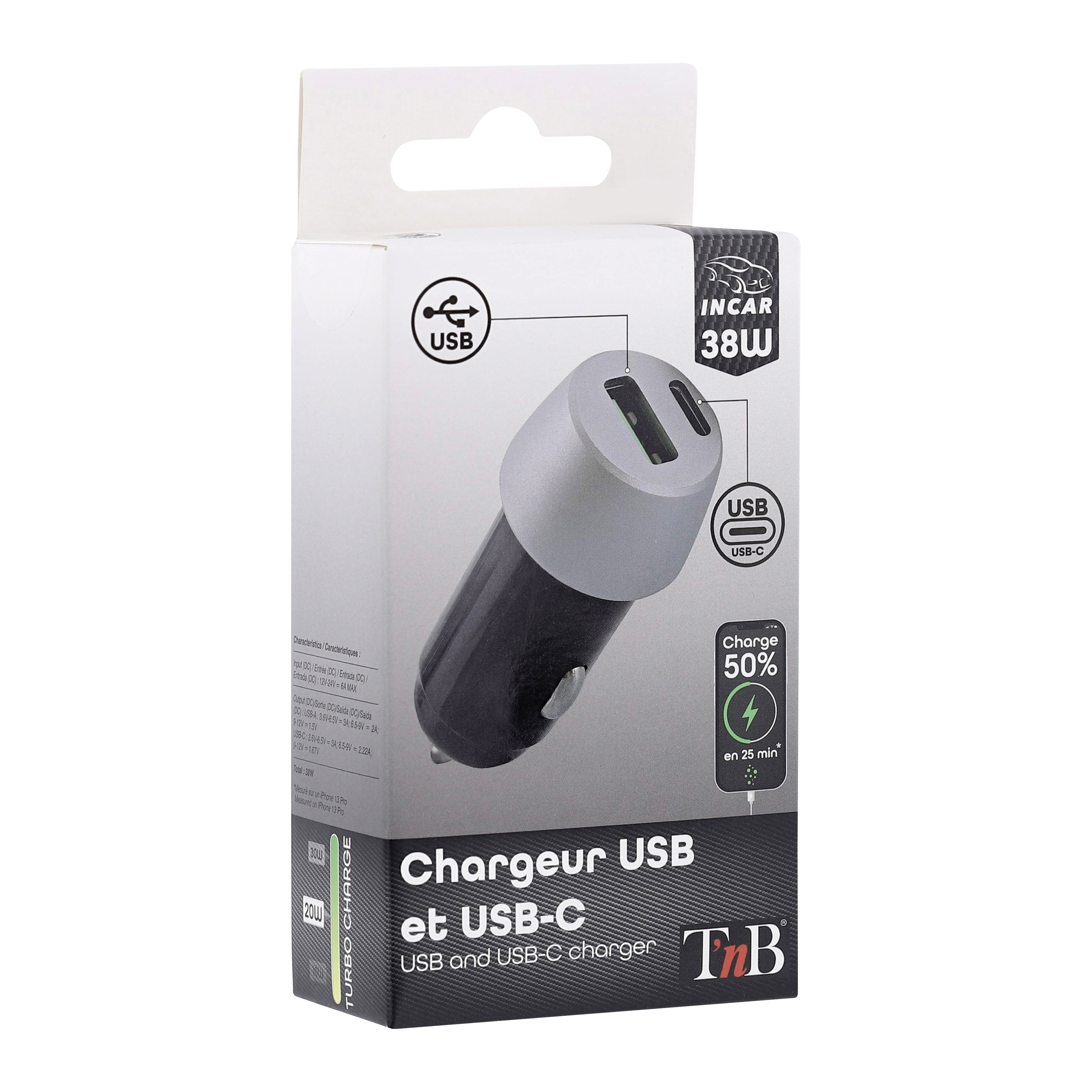 1XUSB-A and 1XType-C 38W Car Charger6