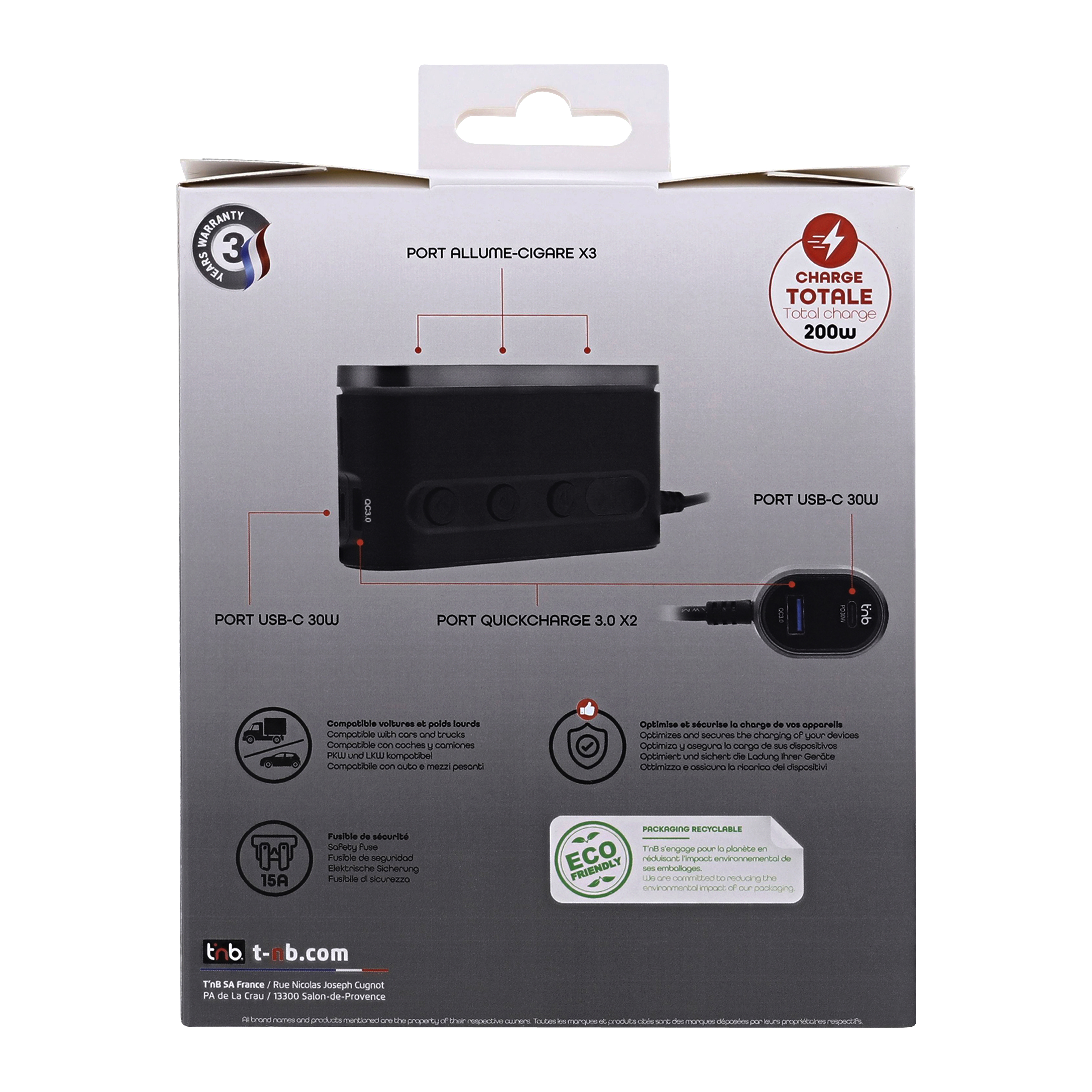 Chargeur allume-cigares 2xUSB-A XW + 1xUSB-C 30W + 1xUSB-C 65W + 3 prises allume-cigares10