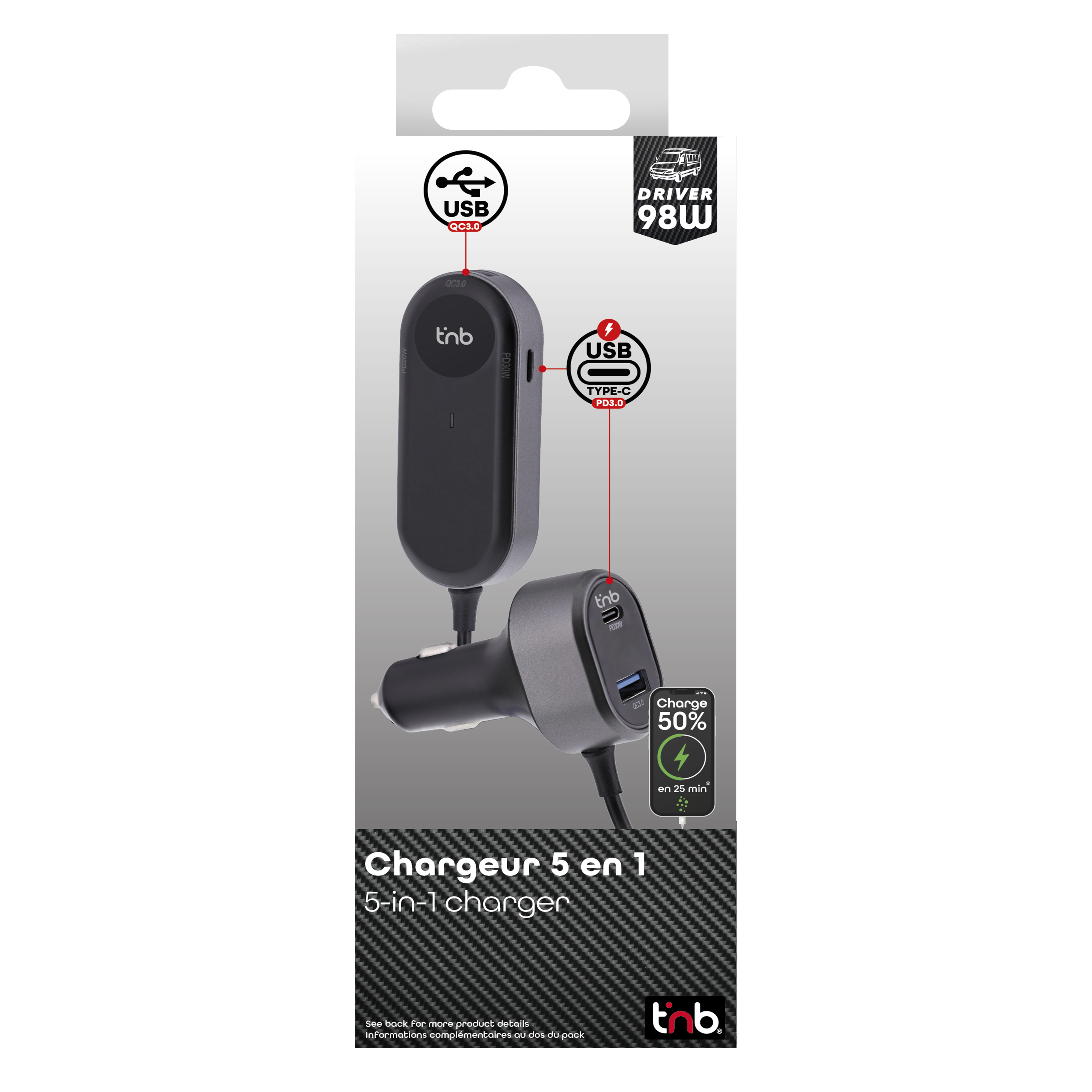 Chargeur allume-cigares et rallonge 2XUSB et 3USB-C 98W premium2