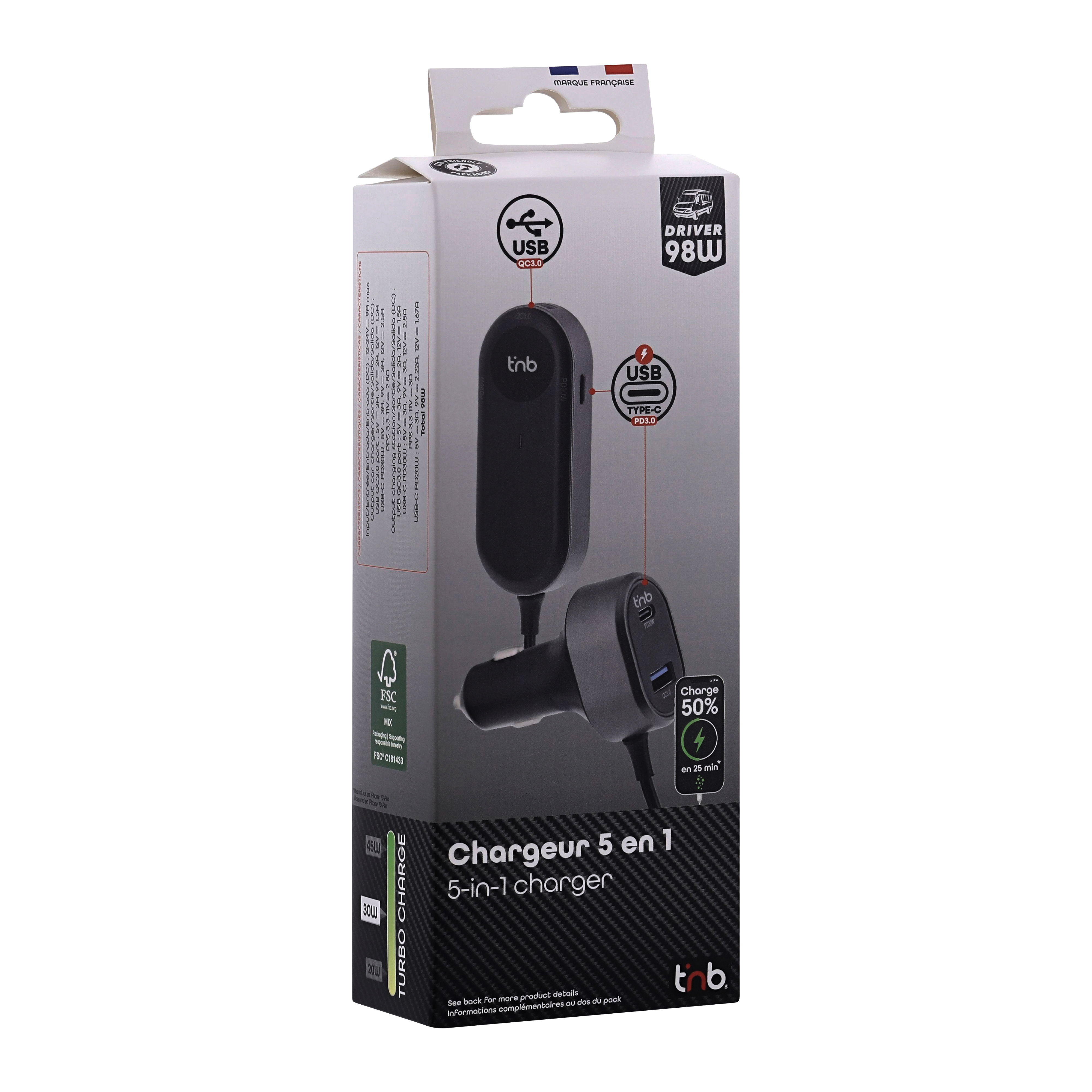 Chargeur allume-cigares et rallonge 2XUSB et 3USB-C 98W premium5